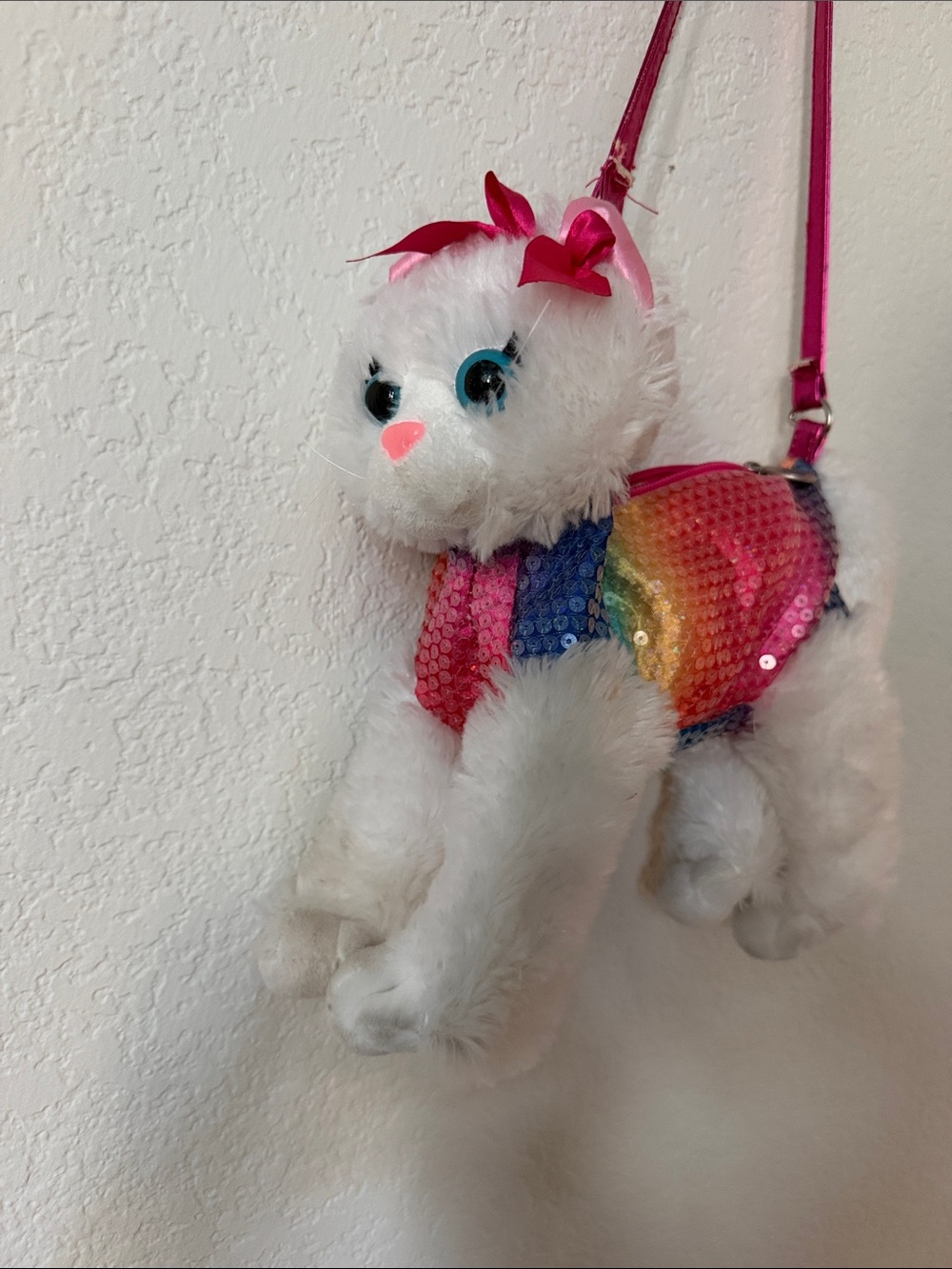 Plush White Cat Crossbody Bag with Rainbow Sequin Vest - Kids